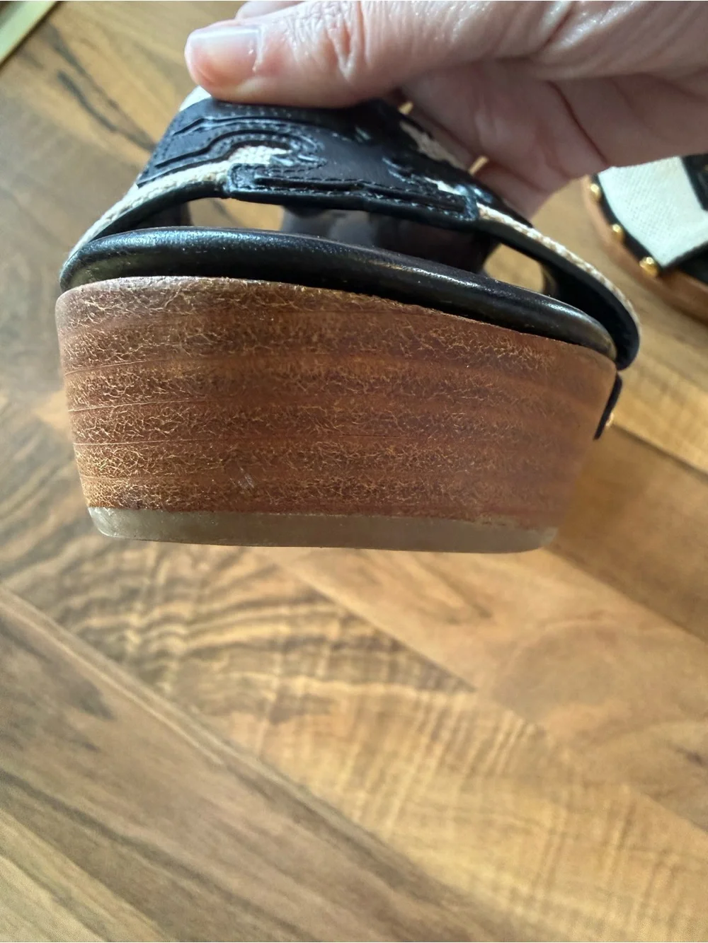 Tory Burch Ines Wedge Slide Sandals - Black & Natural, Size 7.5